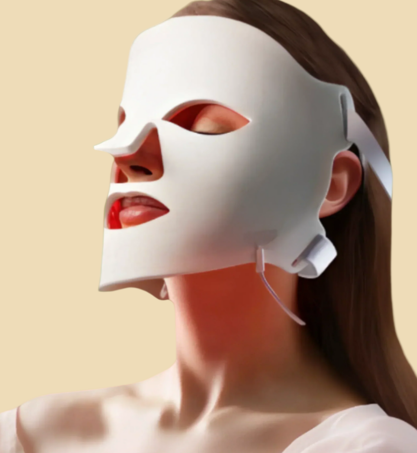Woman wearing a white facial mask against a light blue background
