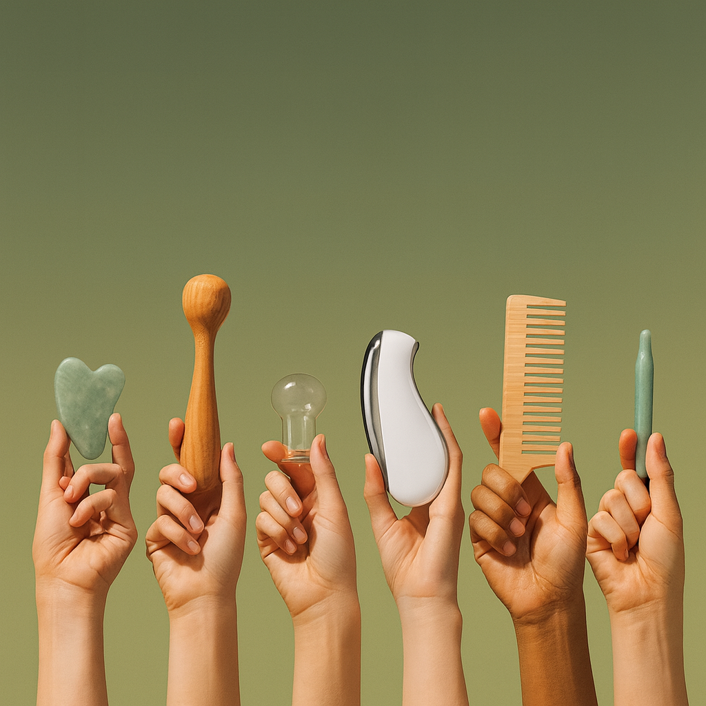 Ritual tools of renewal — gua sha, cupping, massage — timeless practices reimagined by Kinsai.